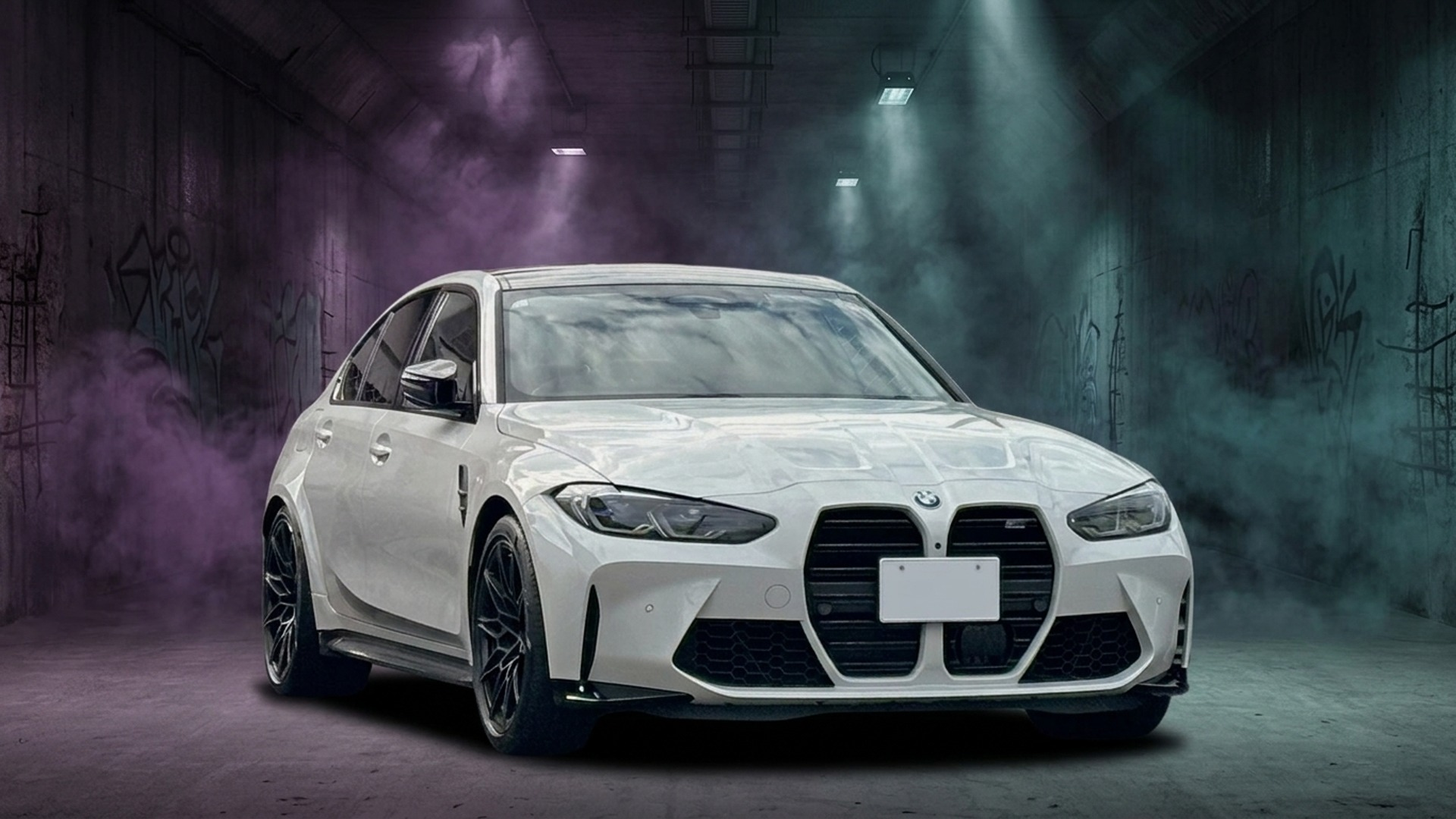 BMW M3 after AI background replacement — smoky warehouse