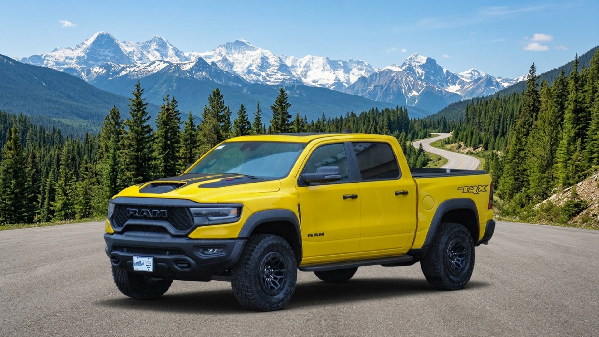 Yellow RAM TRX after AI background replacement — mountain road
