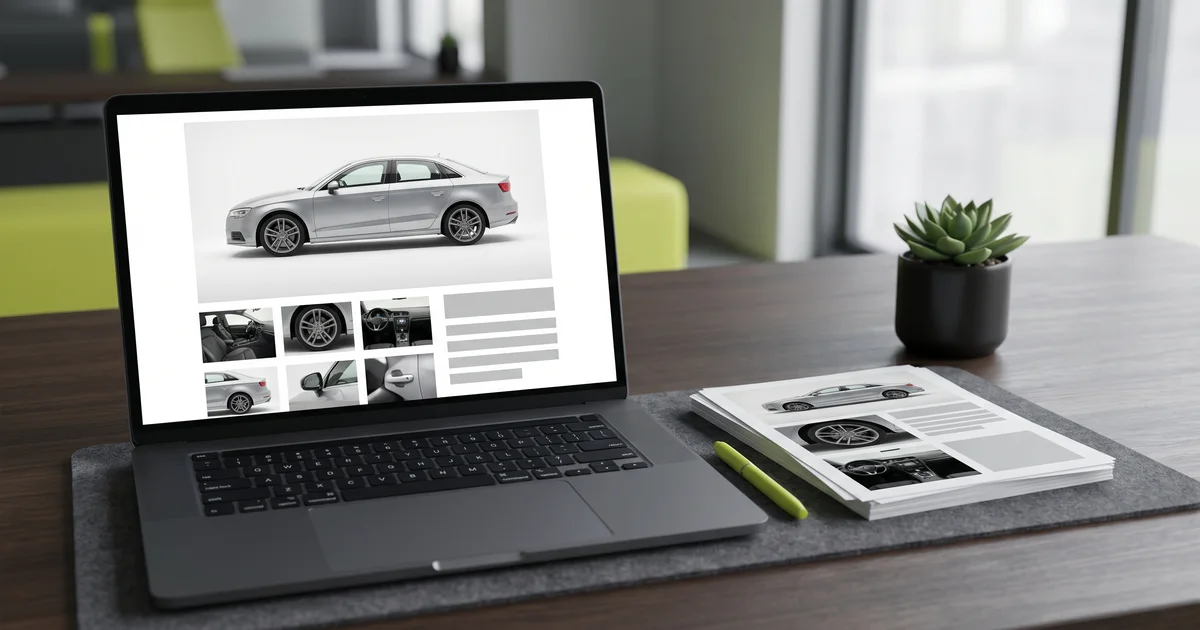 Laptop on a dealership desk showing a vehicle page mockup with a clean studio hero photo of a silver sedan and a grid of proof photo thumbnails
