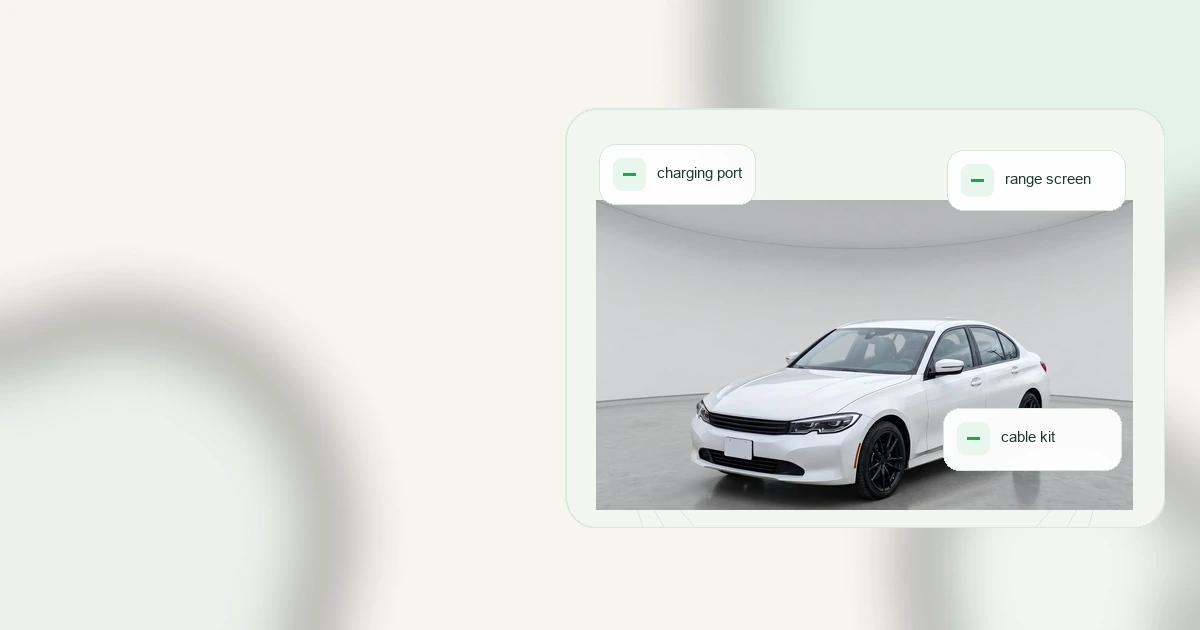 Used EV inventory photo checklist showing charging port, cable, dashboard range screen, and clean dealer hero image