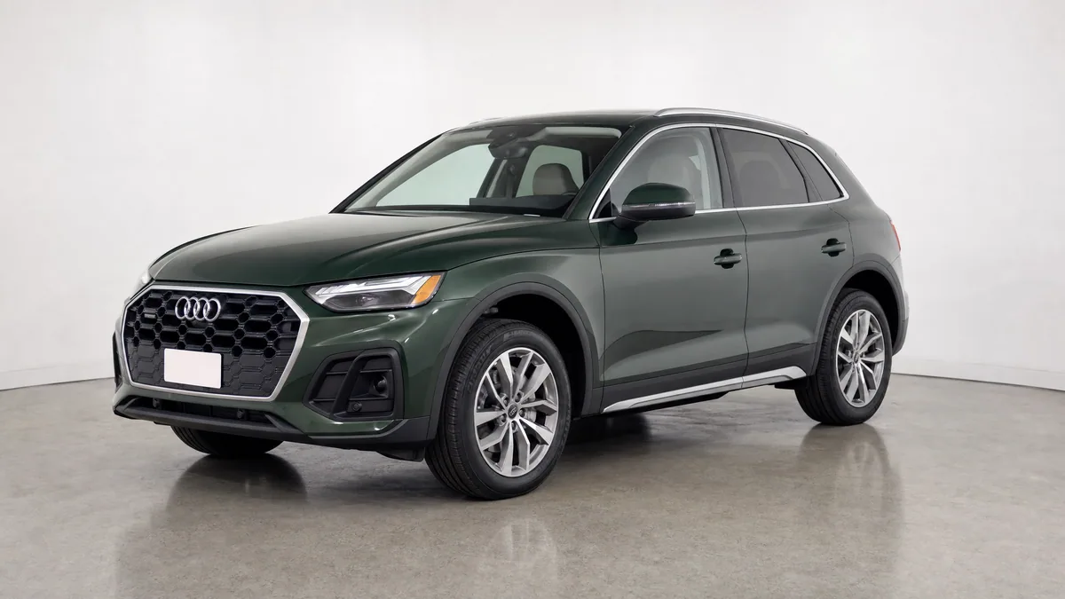 Dark green SUV in a neutral dealer studio, photographed from the front three-quarter angle
