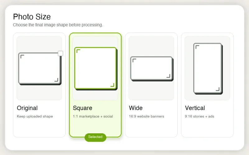 CarPixAI output-size picker with original, landscape, square, wide, and vertical choices