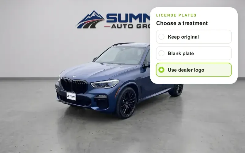 CarPixAI license plate treatment menu with Use dealer logo selected on a BMW inventory photo