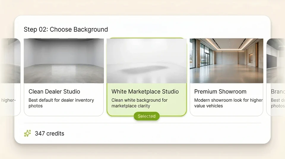 CarPixAI background style picker showing dealership studio options and credits