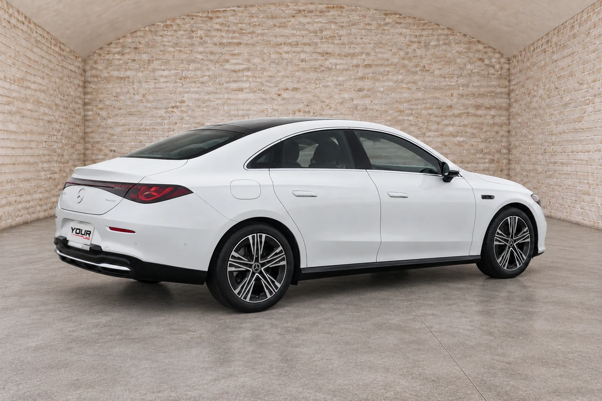 Illustrative white Mercedes-Benz CLA electric sedan from a side-heavy rear-quarter view in a curved pale-brick gallery, with YOUR LOGO placeholder branding on the rear plate