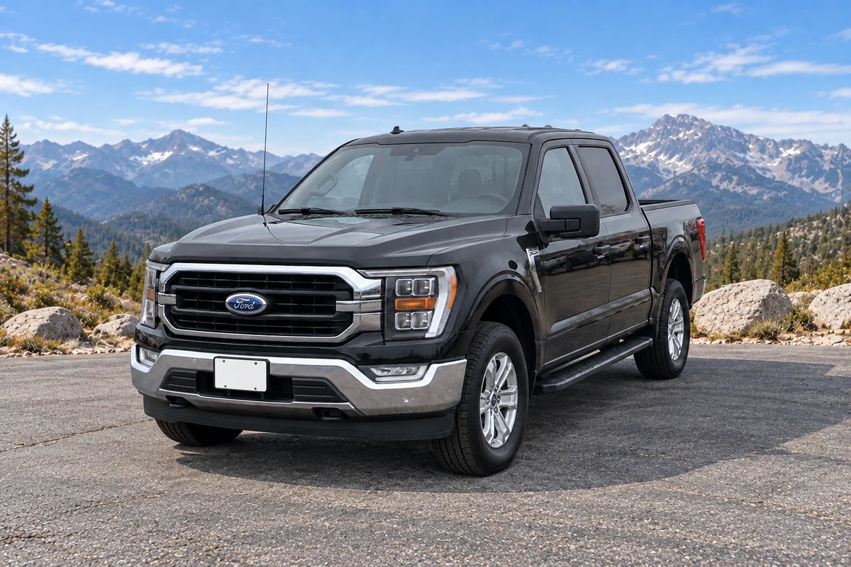 Illustrative black Ford F-150 from a casual front-biased source view, processed in Alpine Daylight with a blank plate and lighting enhancement off