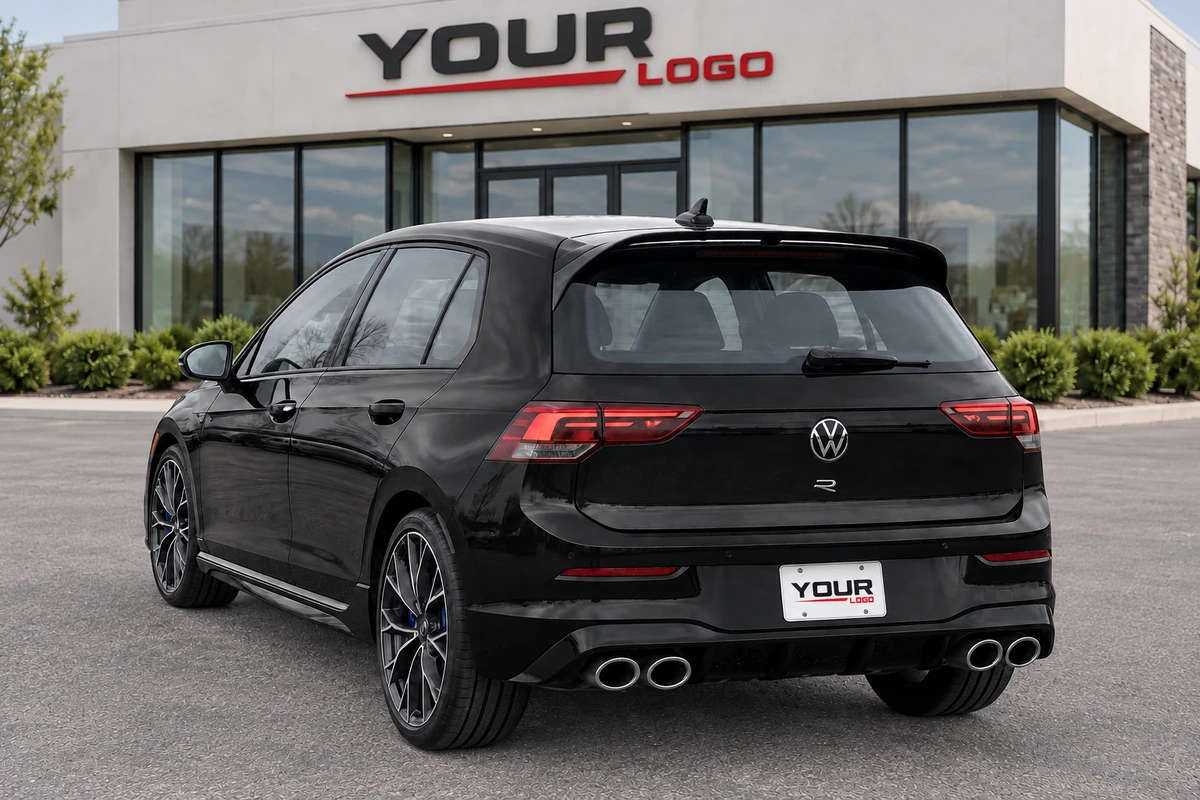 Illustrative Mythos Black Volkswagen Golf R from a rear-quarter view, processed with YOUR LOGO placeholder branding on the dealership facade and rear plate