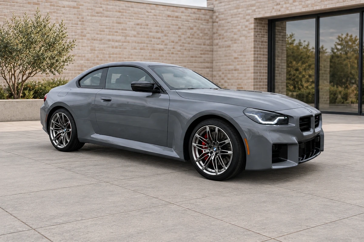 Illustrative gray BMW M2 from a front-quarter source view, processed in Modern Brick Courtyard with lighting enhancement off