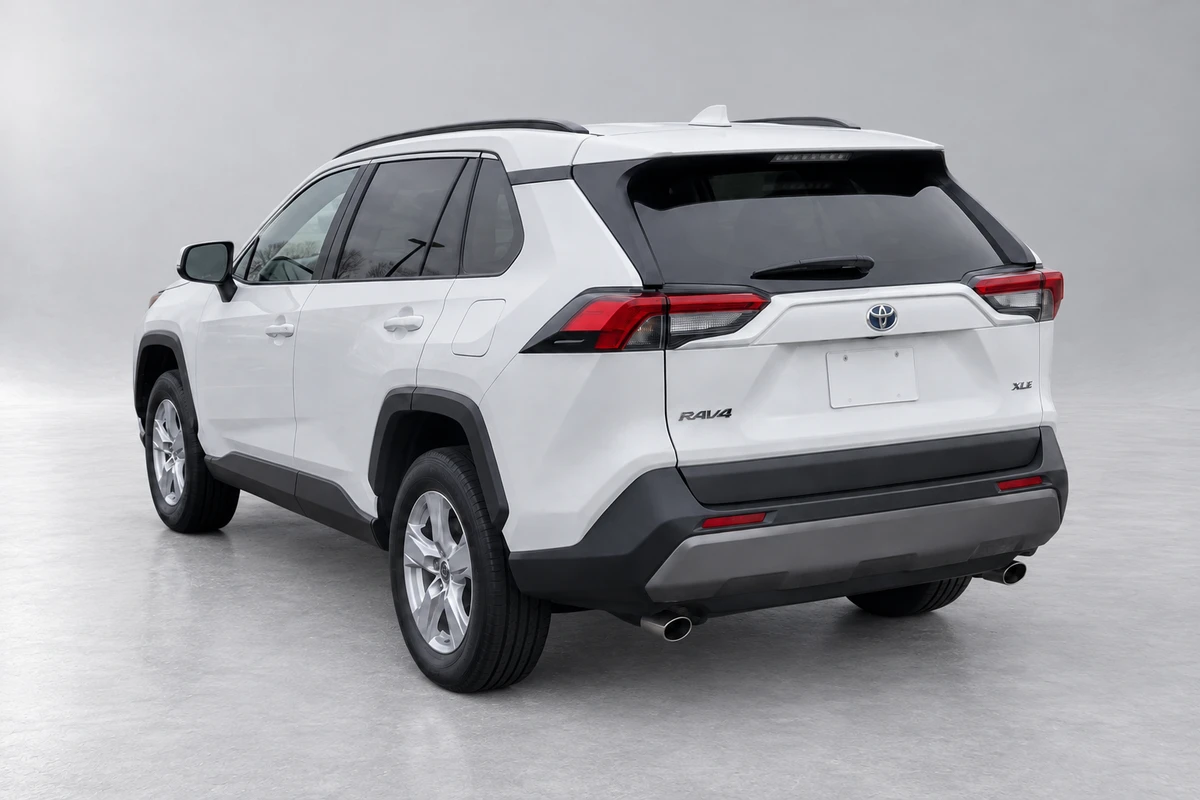 Illustrative white Toyota RAV4 from a casual rear-quarter source view, processed in Daylight Showroom Curved with lighting enhancement off