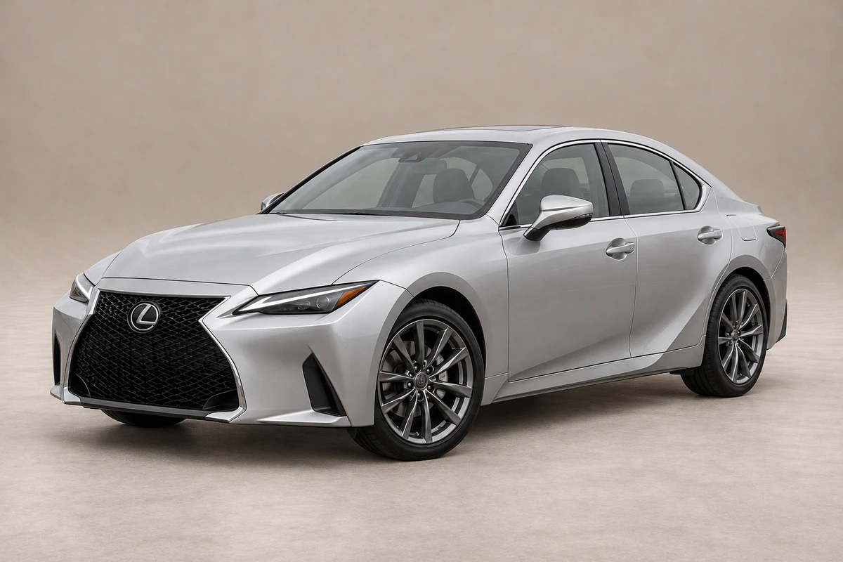 Illustrative silver Lexus IS in a warm neutral curved studio
